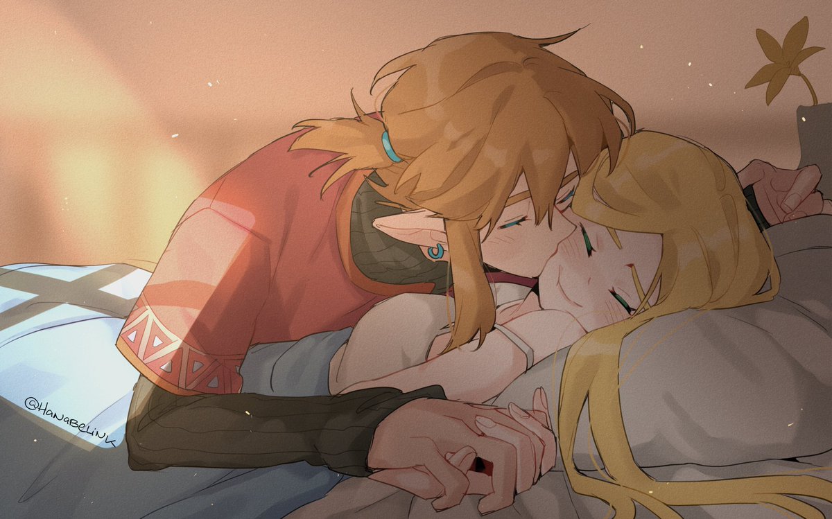 1boy, 1girl, bare_shoulders, bed, black_sweater, blonde_hair, blush, boy_on_top, breasts, closed_eyes, commentary, couple, earrings, english_commentary, eyelashes, hair_between_eyes, hair_ornament, hanaberin, happy, head_on_pillow, hetero, holding_hands, jewelry, kiss, kissing_cheek, light_blush, link, long_hair, medium_breasts, on_bed, pillow, pointy_ears, ponytail, princess_zelda, shirt, sidelocks, smile, sweater, the_legend_of_zelda, the_legend_of_zelda:_tears_of_the_kingdom, twitter_username, under_covers, upper_body, window_shadow