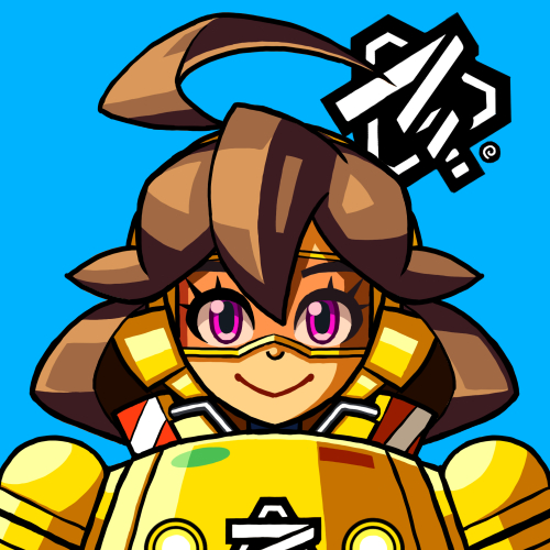 1girl, ahoge, armor, arms_(game), blue_background, brown_hair, closed_mouth, commentary_request