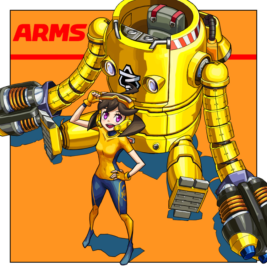 1girl, ahoge, armor, arms_(game), bodysuit, brown_hair, commentary_request, copyright_name, fingerless_gloves, from_above, full_body, gloves, goggles, goggles_on_head, highres, looking_at_viewer, mechanica_(arms), medium_hair, open_mouth, orange_background, power_armor, revolver_(arms), short_sleeves, solo, violet_eyes, yoyoyoyoyo_(turuse)