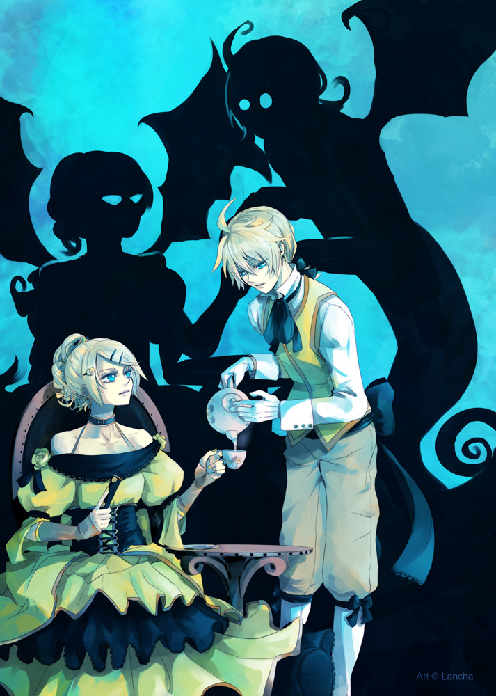 aku_no_meshitsukai_(vocaloid), aku_no_musume_(vocaloid), blonde_hair, blue_eyes, bow, brother_and_sister, closed_fan, corset