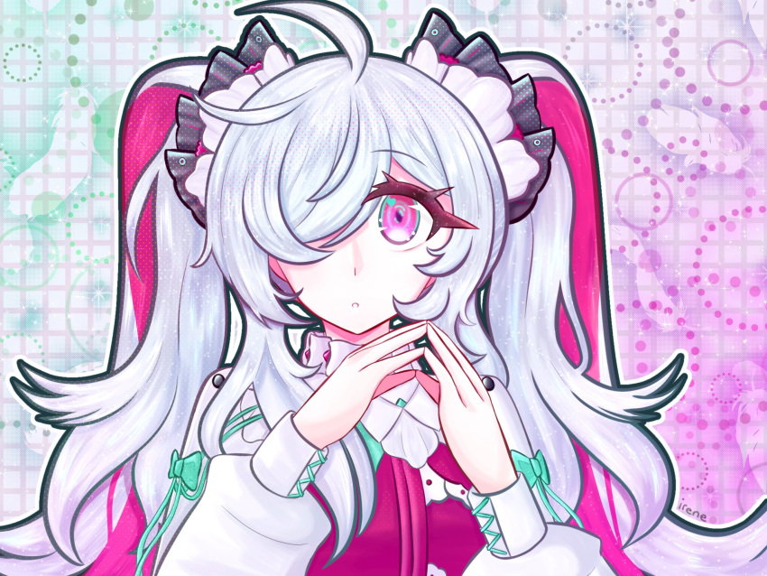 1girl, :o, ahoge, arcaea, bow, collared_dress, cosmicirene, dress