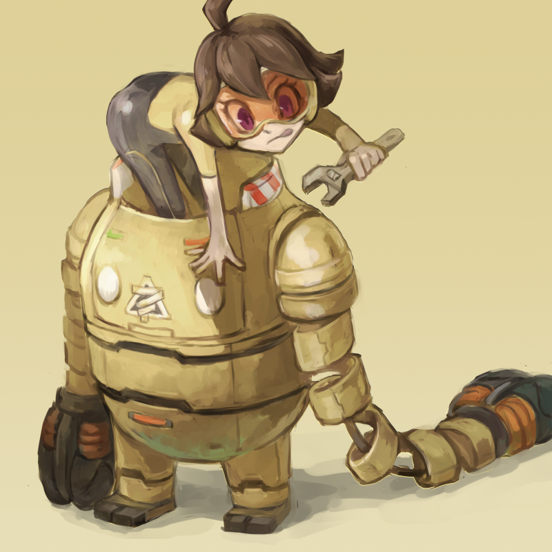 1girl, :q, ahoge, armor, arms_(game), bent_over, bodysuit, brown_hair, commentary_request, goggles, headphones, holding, holding_wrench, mechanica_(arms), mechanical_arms, medium_hair, polyacryla, power_armor, revolver_(arms), short_sleeves, simple_background, solo, tongue, tongue_out, violet_eyes, wrench