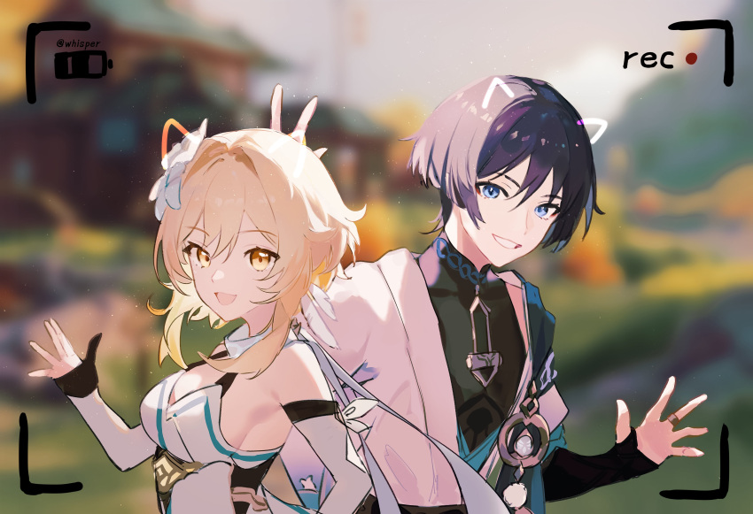 1boy, 1girl, absurdres, anemo_symbol_(genshin_impact), bare_shoulders, battery_indicator, black_bodysuit, black_bridal_gauntlets