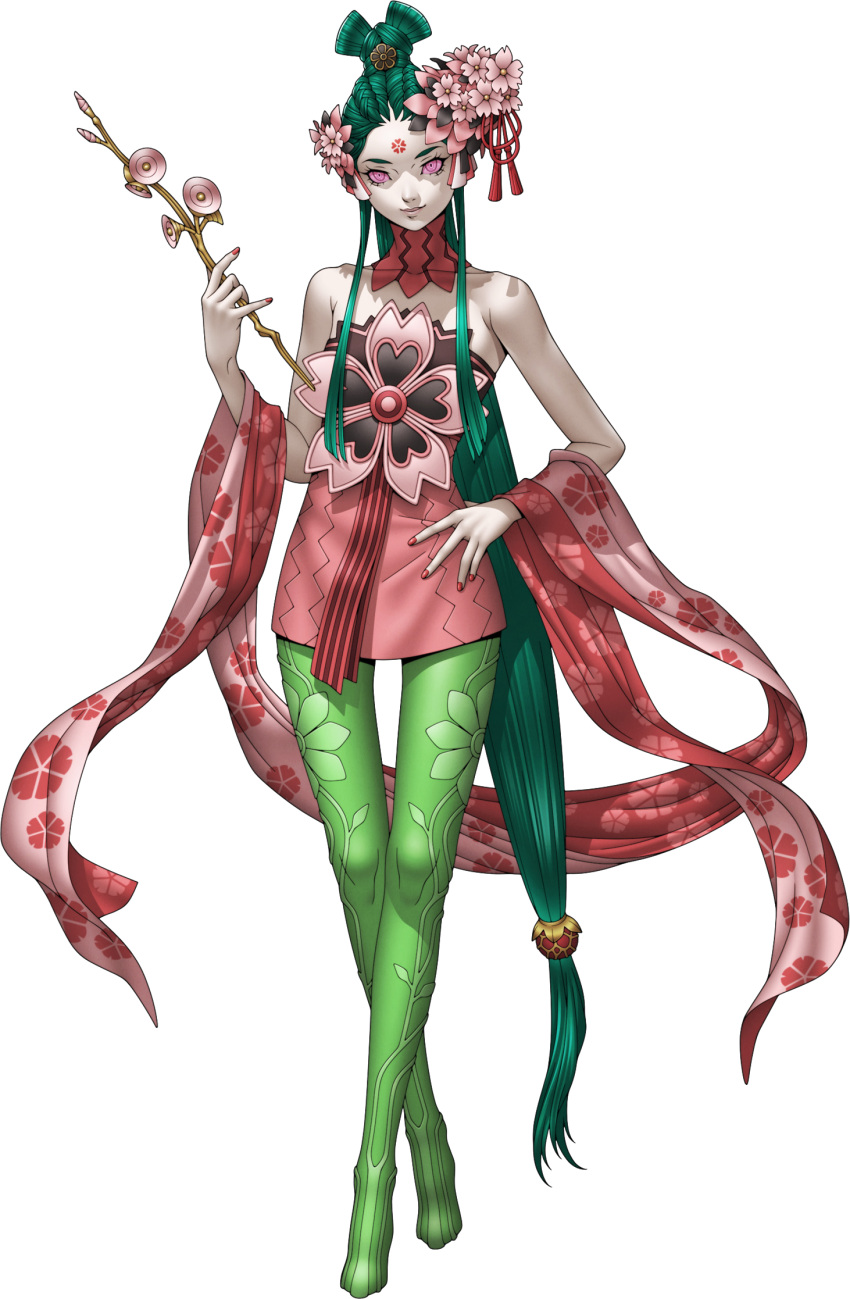 1girl, bare_shoulders, branch, closed_mouth, colored_sclera, demon_(megami_tensei), doi_masayuki, dress