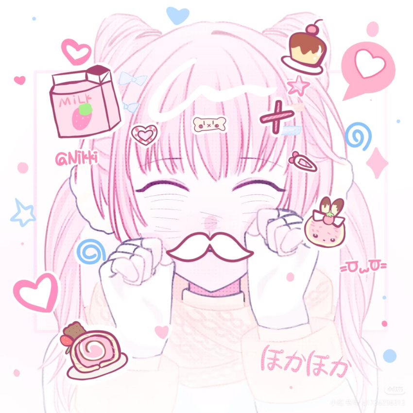 1girl, ^_^, aaquantiwatepifashichangxumisanbing, blue_bow, blush, bow, cake, chinese_commentary, closed_eyes, closed_mouth, coat, commentary_request, double_bun, drink_carton, fake_facial_hair, fake_mustache, fingerless_gloves, food, fur-trimmed_sleeves, fur_trim, gloves, guardian_floof_(infinity_nikki), hair_bow, hair_bun, hair_ornament, hair_scrunchie, hairclip, hands_on_own_cheeks, hands_on_own_face, happy, heart, highres, infinity_nikki, long_hair, long_sleeves, milk_carton, nikki_(nikki), nikki_(series), parallel_hairclips, pink_hair, pudding, scarf, scrunchie, smile, solo, sparkle, speech_bubble, spoken_heart, star_(symbol), straight-on, strawberry_milk, swiss_roll, twintails, upper_body, very_long_hair, watermark, white_background, white_coat, white_gloves, white_scrunchie, xiaohongshu_watermark, yellow_scarf