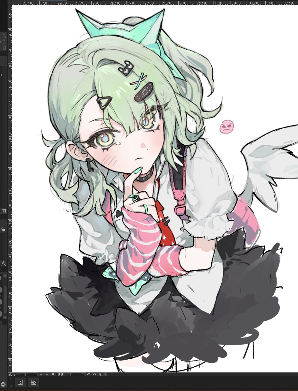 1girl, aqua_nails, arm_warmers, art_program_in_frame, bandaid, bandaid_hair_ornament, black_skirt, blush