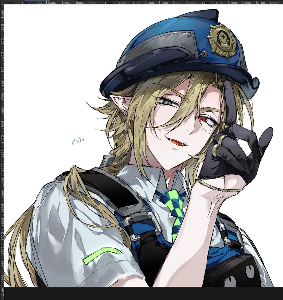 1boy, alternate_costume, arm_up, art_program_in_frame, black_gloves, blonde_hair, blue_necktie, checkered_necktie
