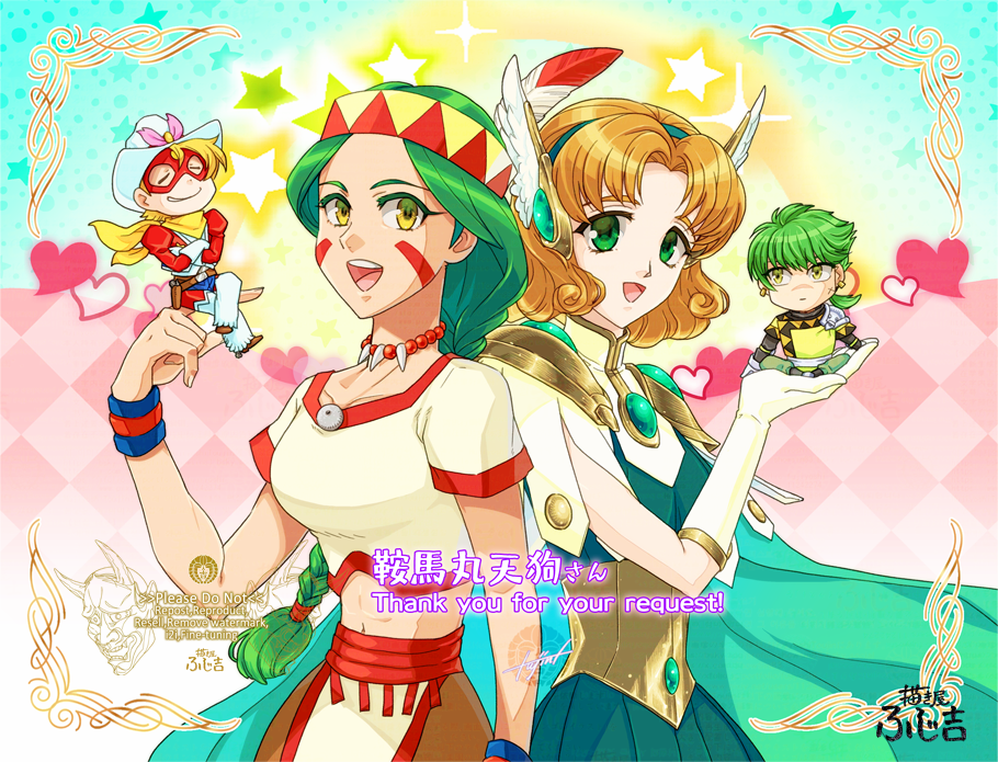 2boys, 2girls, :d, ace_(tengai_makyou), armor, back-to-back, bead_necklace, beads, braid, brown_hair, cape, checkered_background, chibi, closed_eyes, colorful_background, commentary_request, commission, cowboy, cowboy_hat, cowboy_shot, crossed_arms, crossover, dress, facial_tattoo, feathers, ferio_(rayearth), fujiyo_shiya, gloves, green_cape, green_dress, green_eyes, green_hair, green_hairband, grin, hairband, hat, headdress, heart, holding_chibi, hououji_fuu, indian_style, jewelry, long_hair, looking_at_viewer, magic_knight_rayearth, multiple_boys, multiple_girls, native_american_clothes, native_american_headdress, necklace, open_mouth, red_mask, shirt, short_hair, shoulder_armor, signature, single_braid, sitting, skeb_commission, smile, standing, star_(symbol), tattoo, tengai_makyou, tengai_makyou_daiyon_no_mokushiroku, thank_you, watermark, white_gloves, white_hat, white_shirt, wrist_cuffs, yellow_eyes, youno_(tengai_makyou)