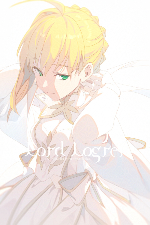 1girl, ahoge, artoria_pendragon_(fate), bare_shoulders, blonde_hair, braid, breasts, character_name, commentary_request, detached_sleeves, dress, echo_(circa), fate/grand_order, fate_(series), gloves, gold_trim, green_eyes, hair_bun, hair_ribbon, long_hair, looking_at_viewer, lord_logres_(fate), lord_logres_(second_ascension)_(fate), medium_breasts, ribbon, sidelocks, smile, solo, tabard, white_dress, white_gloves, white_ribbon, wide_sleeves