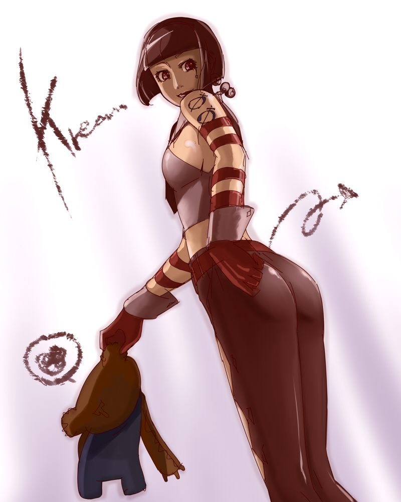 baiola, bare_shoulders, black_hair, bob_cut, breasts, earrings, eyelashes, facial_mark