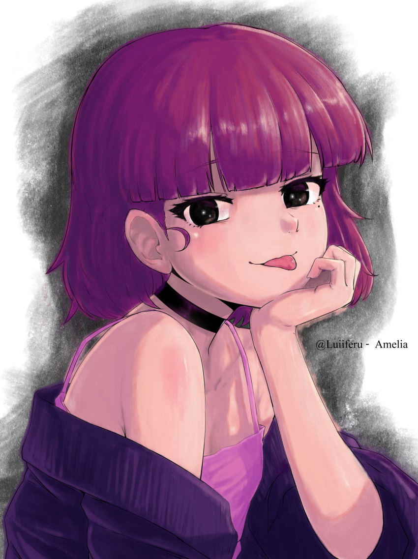 1girl, :p, amelia_(pathways), animification, artist_name, blunt_bangs, brown_eyes, character_name
