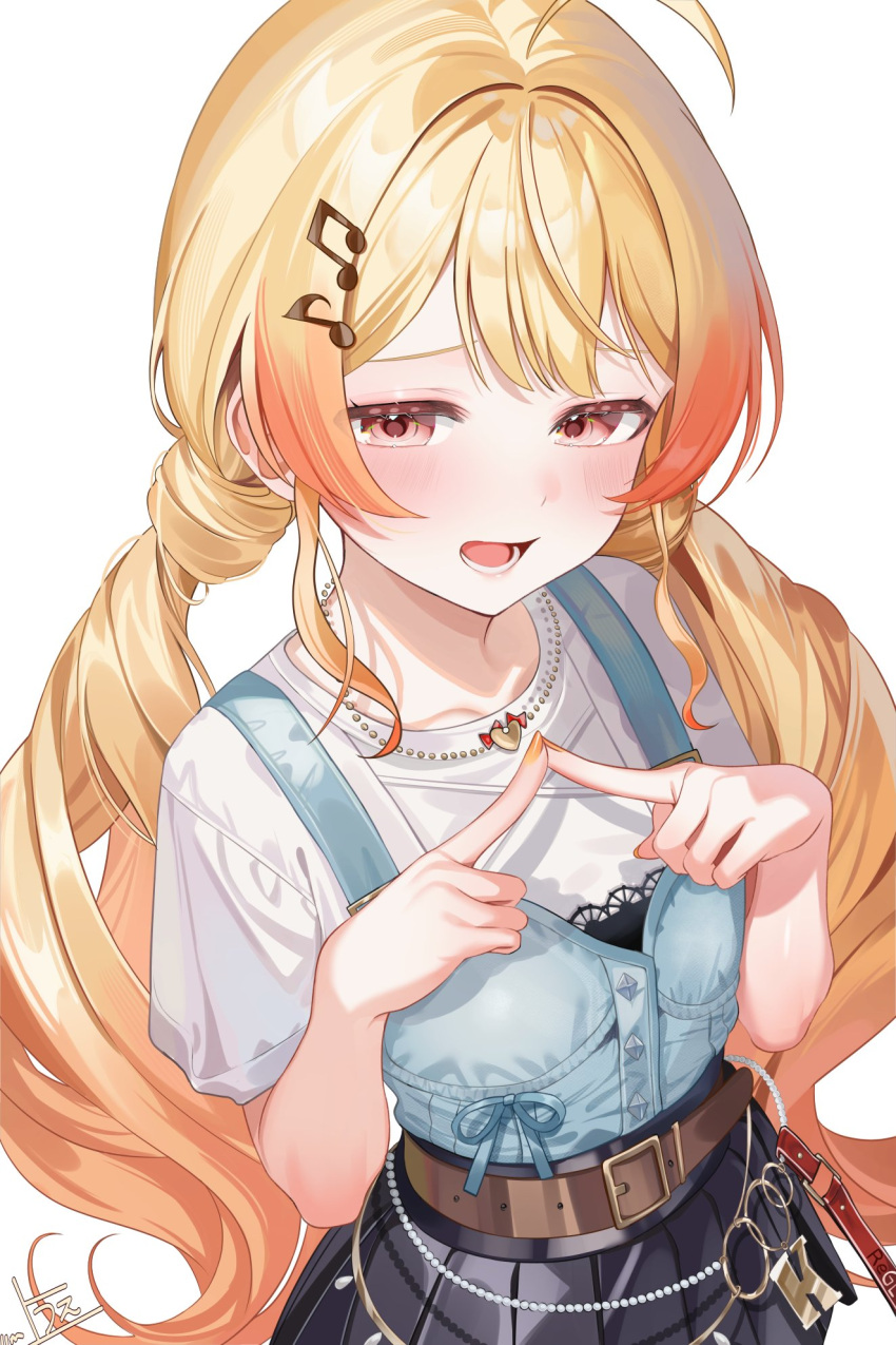 1girl, ahoge, averting_eyes, belt, black_skirt, blonde_hair, brown_belt, brown_eyes, commentary_request, hair_ornament, highres, hololive, hololive_dev_is, index_fingers_together, jewelry, long_hair, low_twintails, musical_note, musical_note_hair_ornament, necklace, official_alternate_costume, open_mouth, otonose_kanade, otonose_kanade_(flashpoint), pleated_skirt, shirt, shirt_tucked_in, sidelocks, simple_background, skirt, solo, twintails, uekana9, very_long_hair, virtual_youtuber, white_background, white_shirt