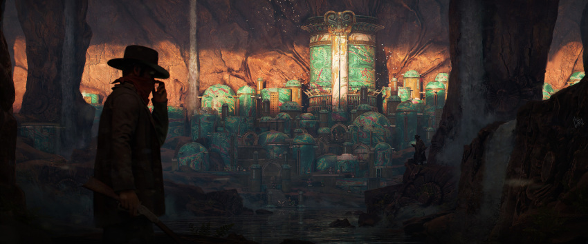 2boys, absurdres, bandana, brown_jacket, building, cave_interior, commentary, cowboy, cowboy_hat, dock, english_commentary, fantasy, felixriano, from_side, hat, highres, jacket, lake, light_rays, multiple_boys, original, people, rock, tower, town, water, waterfall