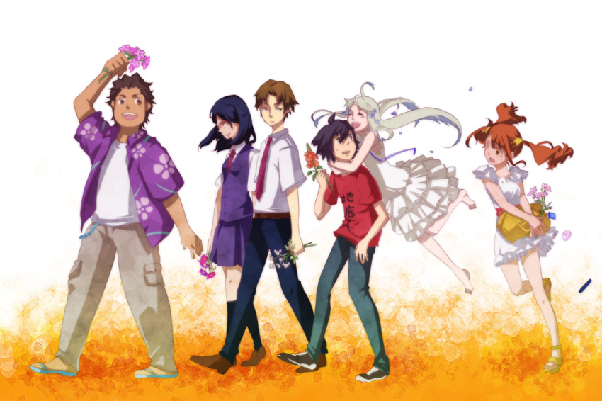ano_hi_mita_hana_no_namae_wo_bokutachi_wa_mada_shiranai, bad_id, casual, flower, glasses, hisakawa_tetsudou, honma_meiko, jumping, matsuyuki_atsumu, meka_(totto18), school_uniform, tsurumi_chiriko, twintails, yadomi_jinta