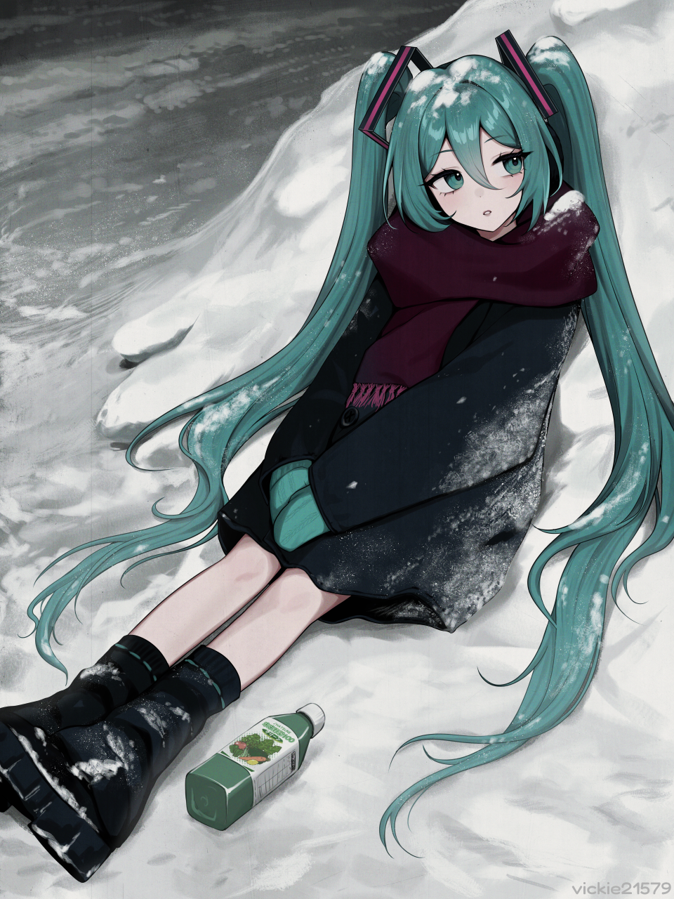 1girl, alternate_costume, aqua_eyes, aqua_hair, aqua_mittens, black_boots, black_coat, boots