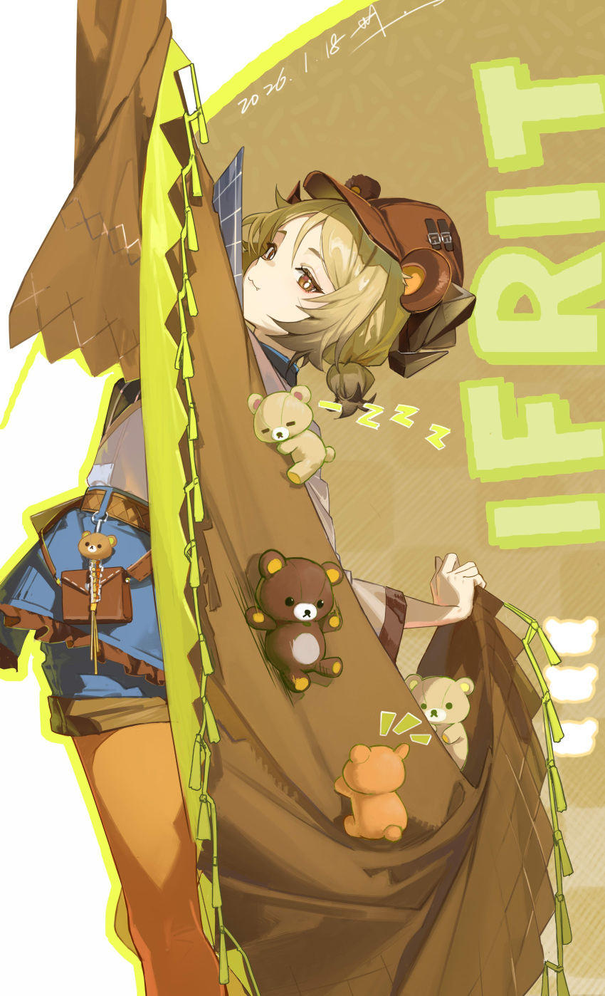 1girl, :3, absurdres, animal_ears, arknights, arm_up, bear_ears, blonde_hair, blue_shorts, brown_background, brown_hair, brown_hat, character_name, commentary_request, dated, fake_animal_ears, feet_out_of_frame, grey_shirt, hat, highres, hokushuu, horns, ifrit_(arknights), ifrit_(relaxing_trip)_(arknights), korilakkuma, looking_at_viewer, looking_back, notice_lines, orange_hair, orange_pantyhose, outline, pantyhose, rilakkuma, san-x, shirt, short_twintails, shorts, signature, solo, twintails, two-tone_background, white_background, yellow_outline, zzz