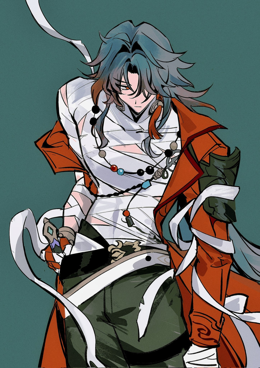 1boy, alternate_costume, bandaged_chest, bandaged_hand, bandages, belt, black_belt, black_pants