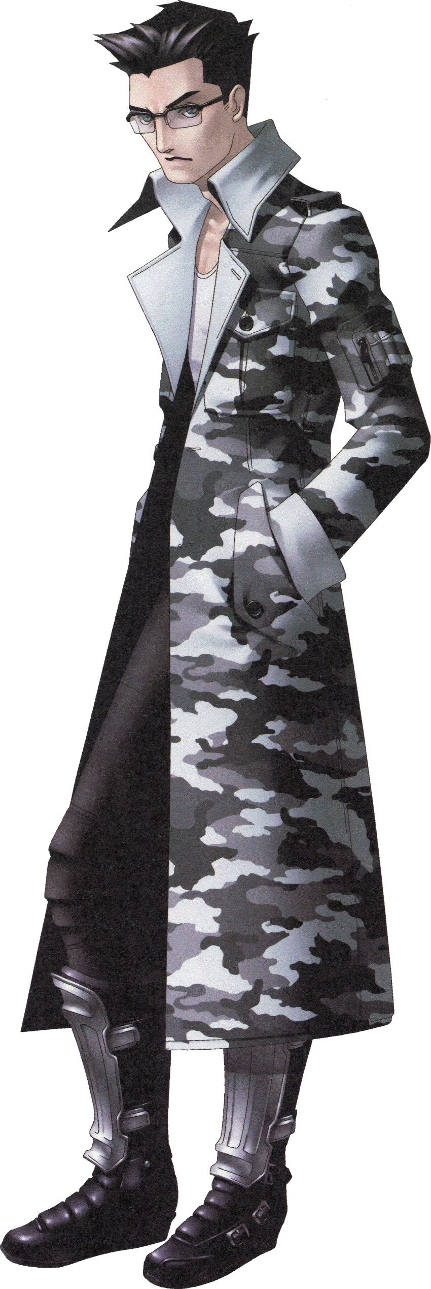 1boy, absurdres, armor, armored_boots, black_hair, boots, coat, full_body