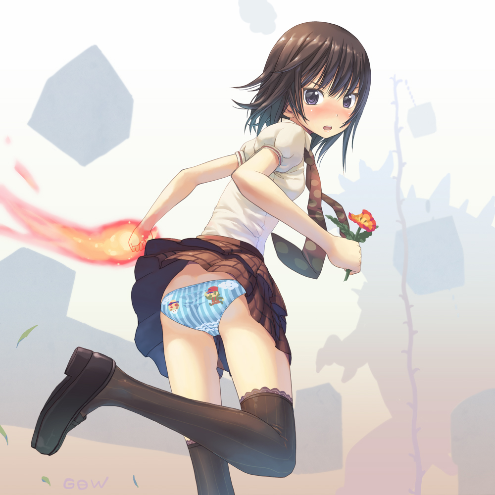 black_legwear, blue_eyes, blue_panties, blush, bowser, brown_hair, burning_hand, burning_hands, fire, fire_flower, looking_back, mario, mushroom, necktie, original, panties, pantyshot, plaid, plaid_skirt, print_panties, pyrokinesis, school_uniform, silhouette, skirt, solo, striped, striped_panties, super_mario_bros., super_mushroom, tartan, thigh-highs, thighhighs, tougetsu_gou, underwear, vines