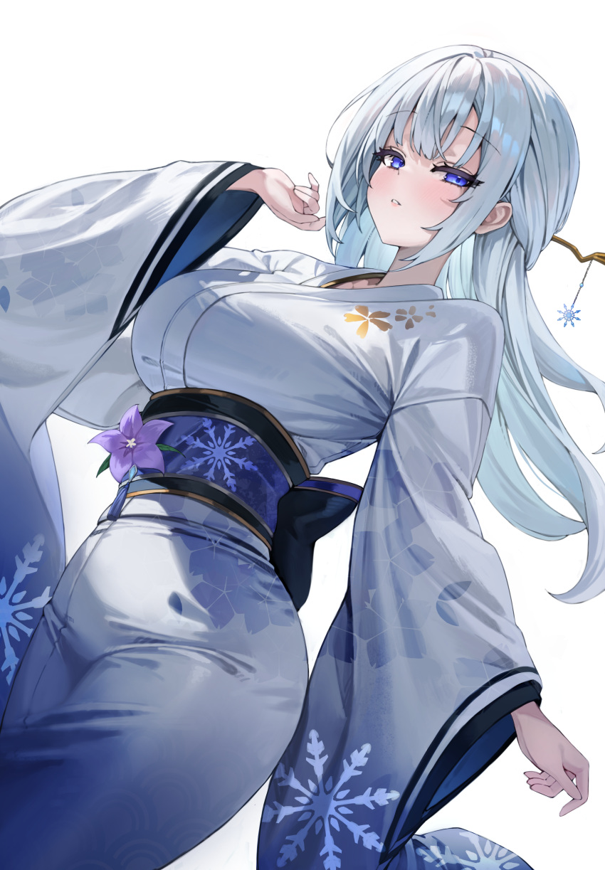 1girl, absurdres, akamin435, arm_up, blue_eyes, blue_sash, blush, breasts