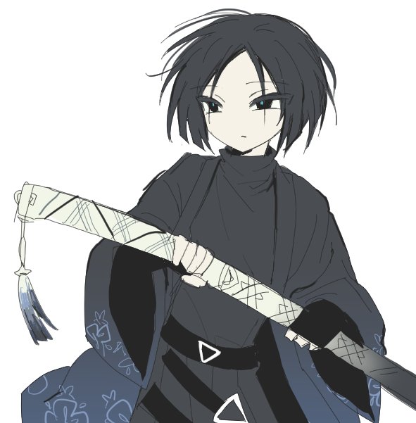 1boy, black_eyes, black_hair, black_shirt, bob_cut, commentary_request, hakama, holding, holding_sword, holding_weapon, japanese_clothes, kongekong2, korean_commentary, limbus_company, long_sleeves, project_moon, ren_(project_moon), scabbard, sheath, shirt, simple_background, sketch, sword, sword_tassel, tassel, weapon, white_background