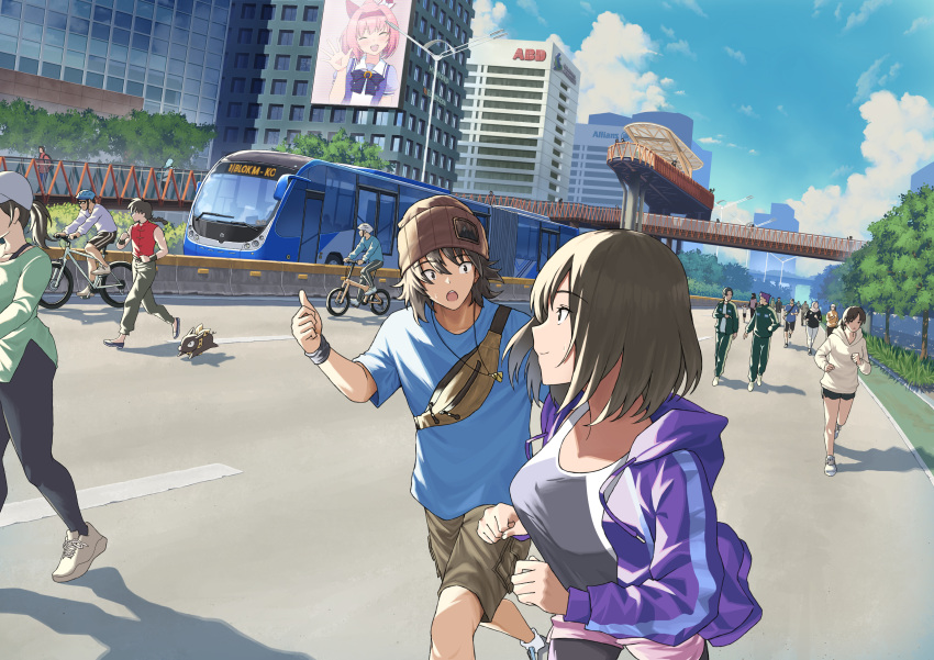 1boy, 1girl, :o, absurdres, aldo_(yudhacakranidji), allianz, articulated_bus, beanie, bicycle, bicycle_lane, black_eyes, black_hair, black_pantyhose, black_shoes, black_tank_top, blue_shirt, blue_sky, breasts, bridge, brown_hat, brown_shorts, building, bus, character_request, check_character, check_copyright, cityscape, closed_mouth, clouds, commentary, copyright_request, crossbody_bag, crossover, day, drawstring, english_commentary, exercising, fanny_pack, grass, hair_between_eyes, haru_urara_(umamusume), hat, highres, hood, hood_down, hooded_jacket, jacket, jakarta, jewelry, jogging, lamppost, long_sleeves, looking_at_another, medium_breasts, motor_vehicle, nam-gyu, nayla_(yudhacakranidji), necklace, open_clothes, open_jacket, open_mouth, original, outdoors, p-chan, pantyhose, pedestrian_bridge, people, pointing_with_thumb, profile, purple_jacket, ranma_1/2, real_world_location, road, running, saotome_ranma, scenery, shadow, shirt, shoes, short_hair, short_sleeves, shorts, sky, skyscraper, slice_of_life, smile, socks, squid_game, sweatband, sweatdrop, t-shirt, tank_top, thanos_(squid_game), tree, umamusume, walking, white_socks, yudhacakranidji