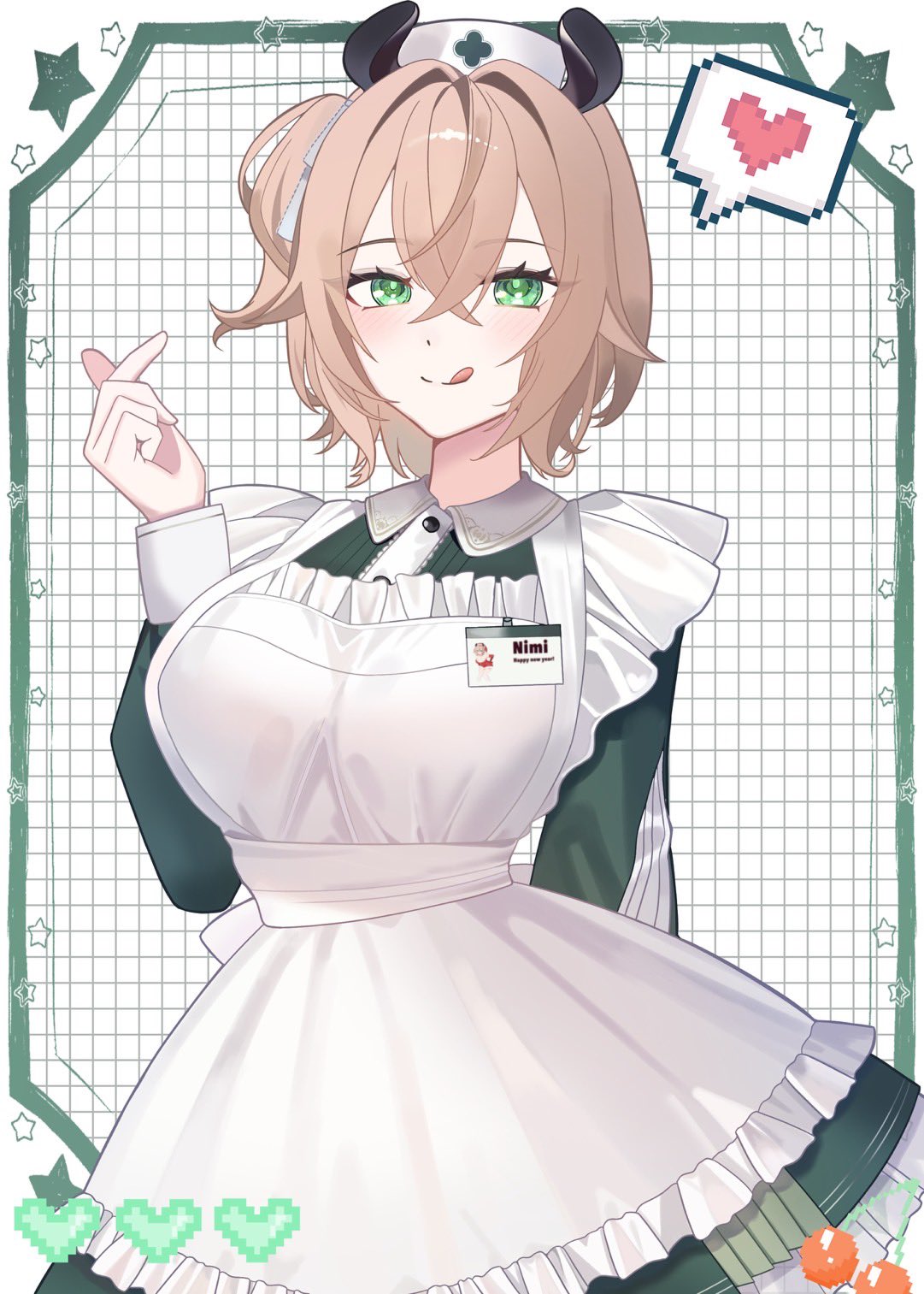 1girl, animal_ears, apron, brown_hair, closed_mouth, commentary, dress, english_commentary