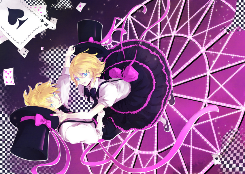 blue_eyes, bonus_stage_(vocaloid), bow, brother_and_sister, card, cards, falling_card, hair_ornament, hairclip, hat, highres, kagamine_len, kagamine_rin, lancha, nail_polish, playing_card, ribbon, shoes, short_hair, siblings, skirt, suspenders, twins, vocaloid, wrist_grab