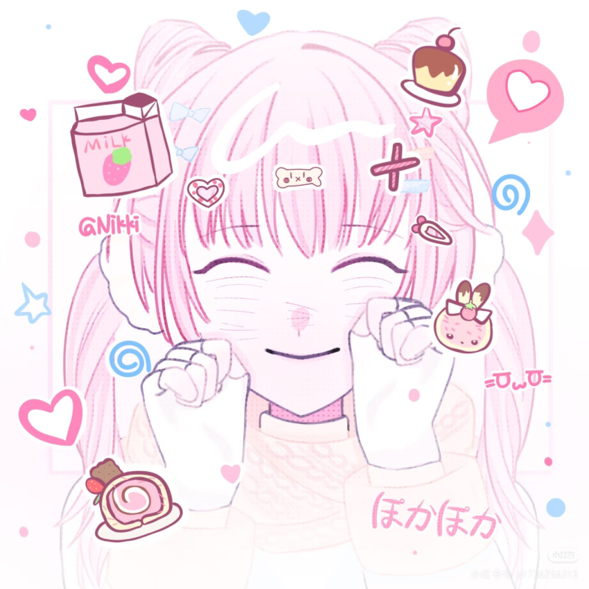 1girl, ^_^, aaquantiwatepifashichangxumisanbing, blue_bow, blush, bow, cake, chinese_commentary, closed_eyes, closed_mouth, coat, commentary_request, double_bun, drink_carton, fake_facial_hair, fingerless_gloves, food, fur-trimmed_sleeves, fur_trim, gloves, guardian_floof_(infinity_nikki), hair_bow, hair_bun, hair_ornament, hair_scrunchie, hairclip, hands_on_own_cheeks, hands_on_own_face, happy, heart, highres, infinity_nikki, long_hair, long_sleeves, milk_carton, nikki_(nikki), nikki_(series), parallel_hairclips, pink_hair, pudding, scarf, scrunchie, smile, solo, sparkle, speech_bubble, spoken_heart, star_(symbol), straight-on, strawberry_milk, swiss_roll, twintails, upper_body, very_long_hair, watermark, white_background, white_coat, white_gloves, white_scrunchie, xiaohongshu_watermark, yellow_scarf