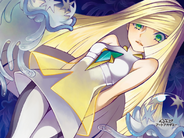 1girl, aqua_gem, arms_behind_back, art_academy_(medium), bare_shoulders, blonde_hair, blunt_ends, breasts