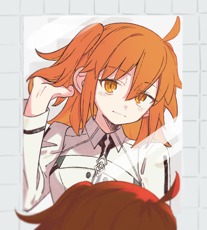 1girl, ahoge, chaldea_logo, commentary_request, fate/grand_order, fate_(series), fujimaru_ritsuka_(female), gachide_erai, hair_lift, highres, light_smile, long_sleeves, looking_at_reflection, looking_at_viewer, medium_hair, mirror, orange_eyes, orange_hair, shadow, short_side_ponytail, upper_body, wing_collar