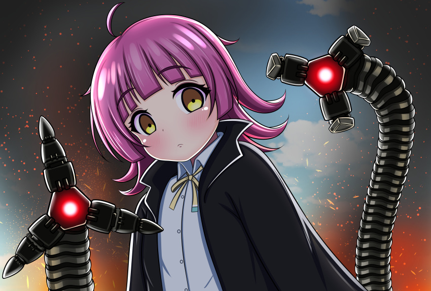1girl, absurdres, ahoge, black_coat, blue_sky, blunt_bangs, blunt_ends, blush, buttons, closed_mouth, clouds, cloudy_sky, coat, collared_shirt, commentary, cosplay, day, doctor_octopus, doctor_octopus_(cosplay), english_commentary, expressionless, fire, ganmodoki_(gnm_rx178), glowing, glowing_eye, highres, kishimen_hair, light_particles, long_sleeves, looking_at_viewer, love_live!, love_live!_nijigasaki_high_school_idol_club, marvel, mechanical_arms, medium_hair, mixed-language_commentary, neck_ribbon, open_clothes, open_coat, outdoors, pink_hair, red_eyes, ribbon, shirt, sky, smoke, smoke_trail, solo, spider-man:_no_way_home, spider-man_(series), spider-man_2_(2004), tennoji_rina, trench_coat, upper_body, white_shirt, yellow_eyes, yellow_ribbon