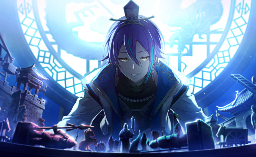 1boy, black_shirt, blue_hair, colorful_palette, earrings, game_cg, hair_between_eyes, hakunetsu!_kamikou_ouendan!_(project_sekai)