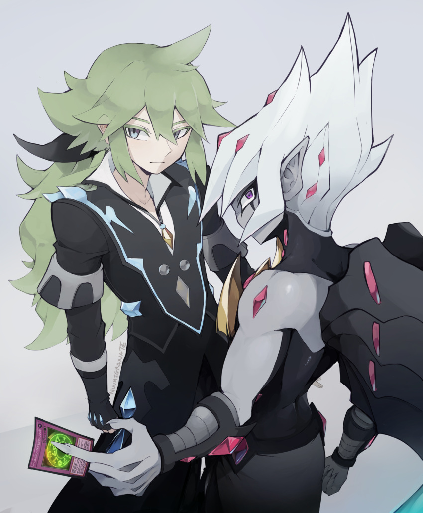 2boys, alternate_form, arms_at_sides, bare_shoulders, black_gloves, black_robe, black_sarong, black_wings