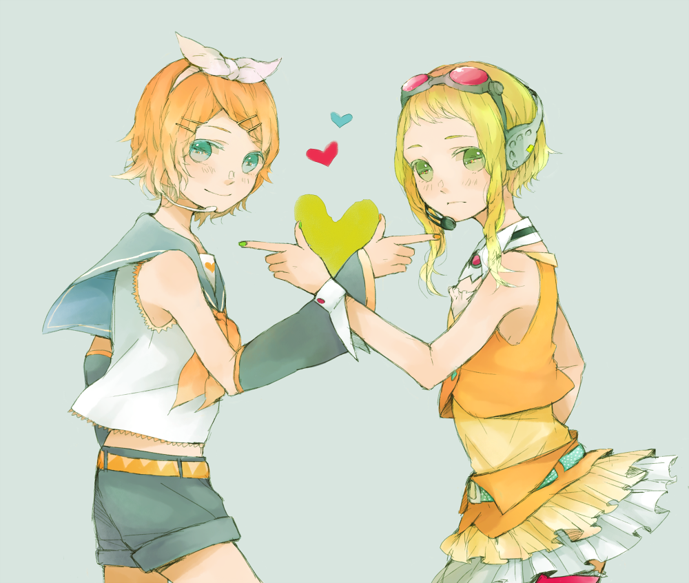 aqua_eyes, arm_warmers, bad_id, blonde_hair, green_eyes, green_hair, gumi, hair_ornament