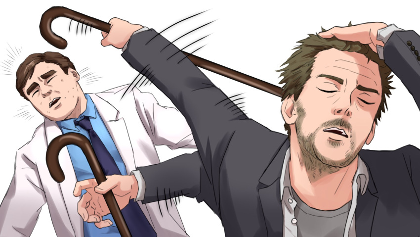 2boys, adjusting_hair, afterimage, closed_eyes, commentary_request, facial_hair, gregory_house, hair_slicked_back