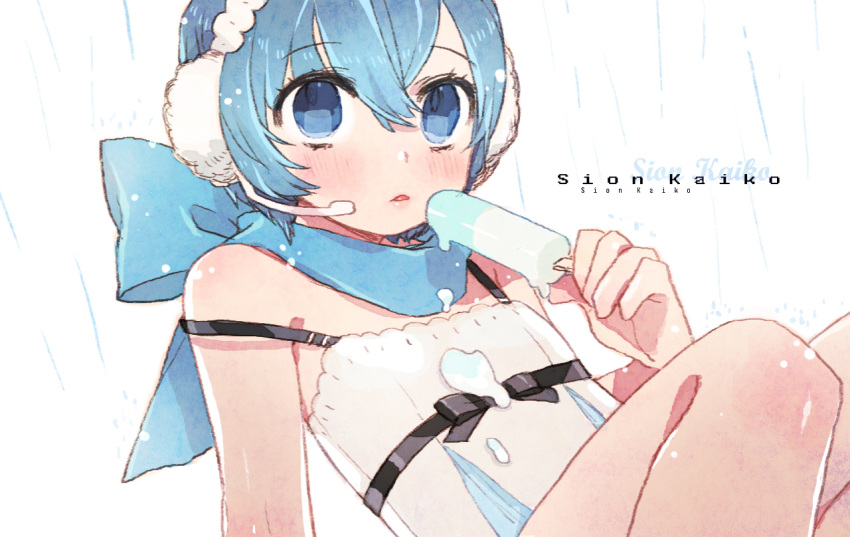 1girl, blue_eyes, blue_hair, blush, earmuffs, genderswap, gwayom, headphones