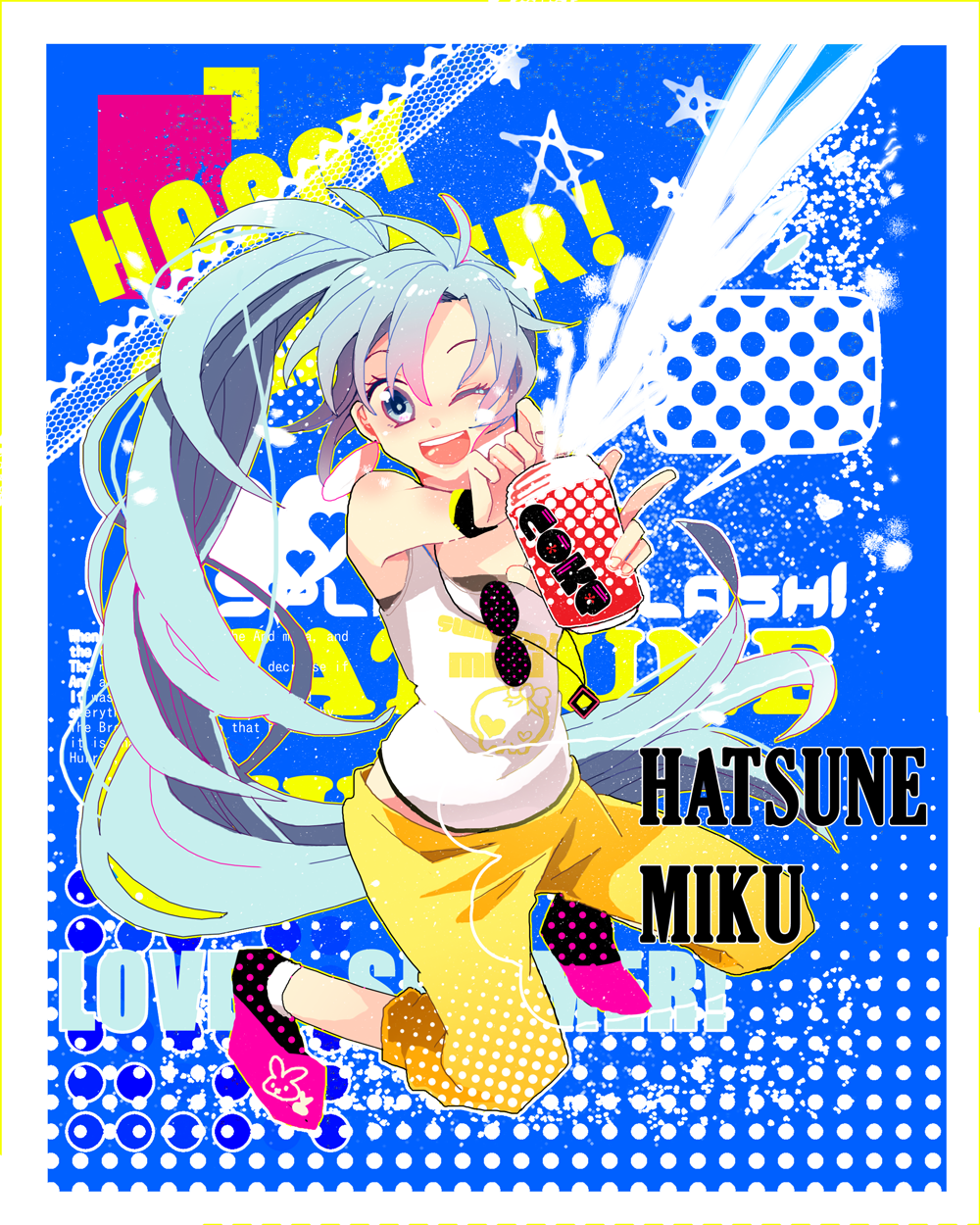 alternate_hairstyle, aqua_eyes, aqua_hair, bad_id, can, casual, hatsune_miku, highres