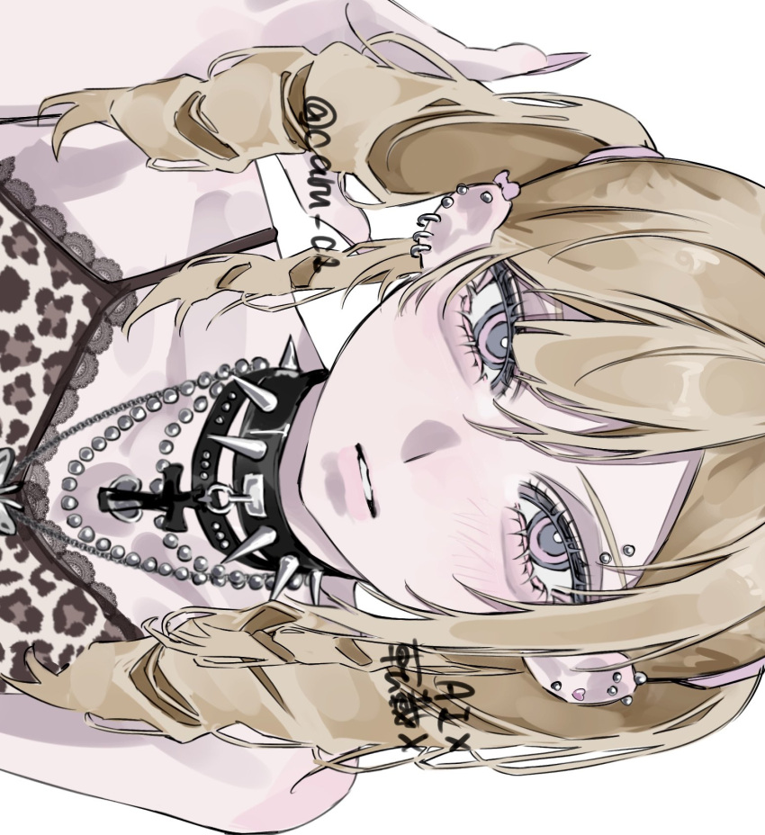 1girl, aegyo_sal, animal_print, bead_necklace, beads, black_choker, blonde_hair, camisole, caru_c1, choker, commentary, cross, cross_choker, ear_piercing, eyebrow_piercing, face_piercing, gyaru, hair_between_eyes, highres, jewelry, leopard_print, leopard_print_clothes, long_hair, looking_at_viewer, multicolored_eyes, necklace, original, parted_lips, pearl_necklace, piercing, simple_background, solo, spiked_choker, spikes, symbol-only_commentary, twintails, two-tone_eyes, upper_body, white_background