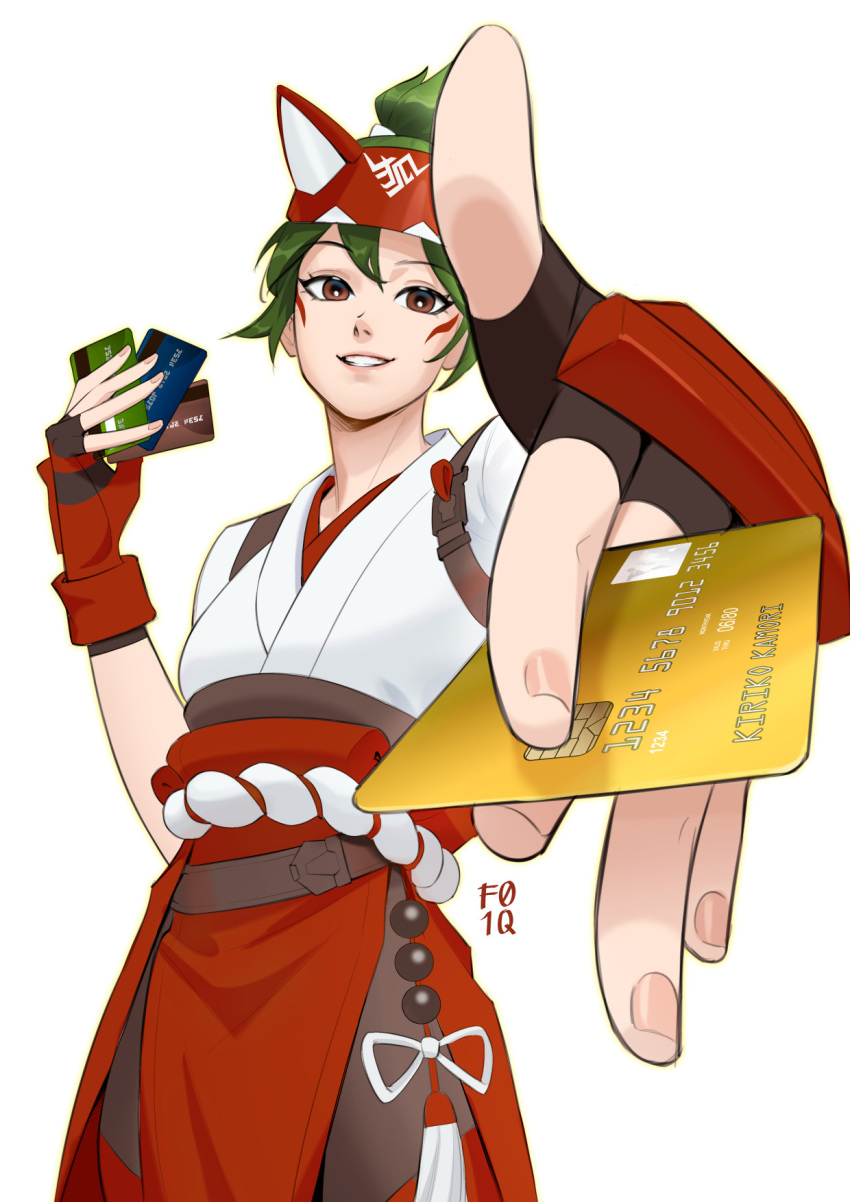 1girl, brown_eyes, card, commentary, credit_card, english_commentary, f01q_art, fox_headband, gloves, headband, highres, holding, holding_card, japanese_clothes, kiriko_(overwatch), miko, overwatch, pants, red_gloves, red_headband, red_shirt, shirt, white_shirt