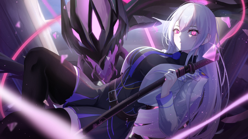 1girl, absurdres, anzusouda, belt, black_dress, black_thighhighs, breasts, brown_belt