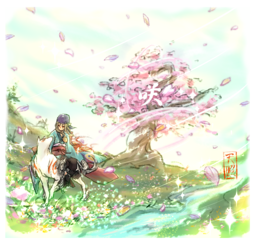 bandana, bandanna, blonde_hair, character_request, cherry_blossoms, crossover, fire, japanese_clothes