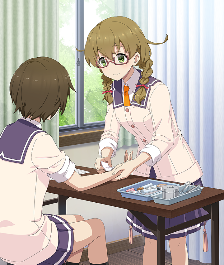 2girls, arm_on_table, black_socks, blazer, blue_skirt, bow, braid, breasts, brown-framed_eyewear, brown_hair, buttons, closed_mouth, cork, curtains, day, feet_out_of_frame, first_aid_kit, game_cg, glasses, green_eyes, hair_bow, hamazuka_sakura, indoors, jacket, looking_at_another, low_twin_braids, medium_breasts, medium_hair, multiple_girls, necktie, official_art, paper, rectangular_eyewear, red_bow, scalpel, semi-rimless_eyewear, shirt, short_hair, sitting, skirt, sleeves_rolled_up, smile, socks, syringe, table, test_tube, third-party_source, toji_no_miko, toji_no_miko:_kizamishi_issen_no_tomoshibi, tweezers, twin_braids, under-rim_eyewear, white_jacket, white_shirt, window, wooden_floor, yellow_necktie