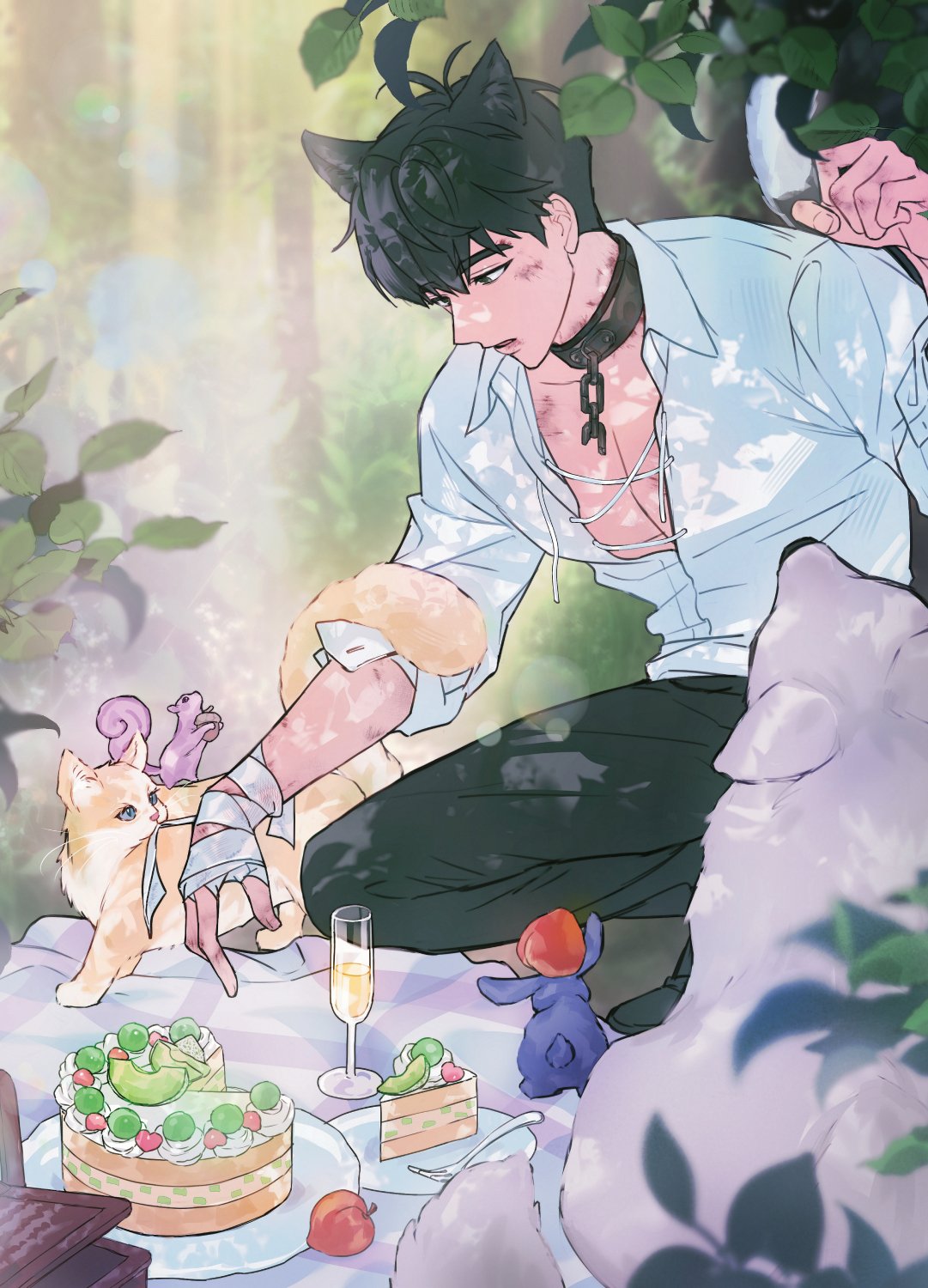 1boy, animal_ears, bandaged_hand, bandages, black_choker, black_hair, black_pants, bruise