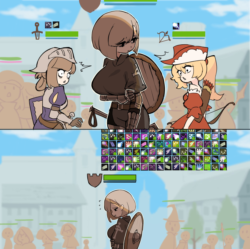 3girls, absurdres, arm_under_breasts, blonde_hair, bow, breasts, brown_hair, centurii-chan