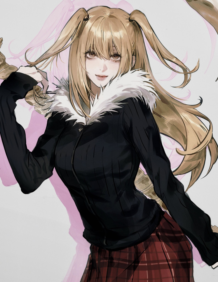 1girl, amane_misa, black_jacket, blonde_hair, brown_hair, closed_mouth, commentary, cowboy_shot