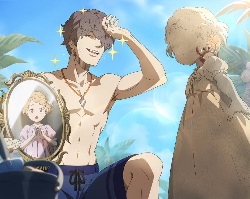 1boy, 1girl, absurdres, black_clover, black_clover_m:_rise_of_the_wizard_king, blue_shorts, blue_sky, brother_and_sister
