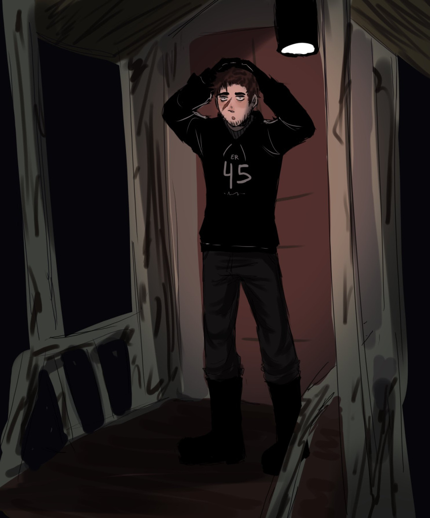 1boy, :o, afraid_of_monsters, awning, beard_stubble, black_hoodie, boots, brown_hair, david_leatherhoff, facial_hair, full_body, hand_on_own_head, highres, hood, hood_down, hoodie, male_focus, night, porch, print_hoodie, raykills, scar, scar_on_face, solo, standing, striped_clothes, stubble