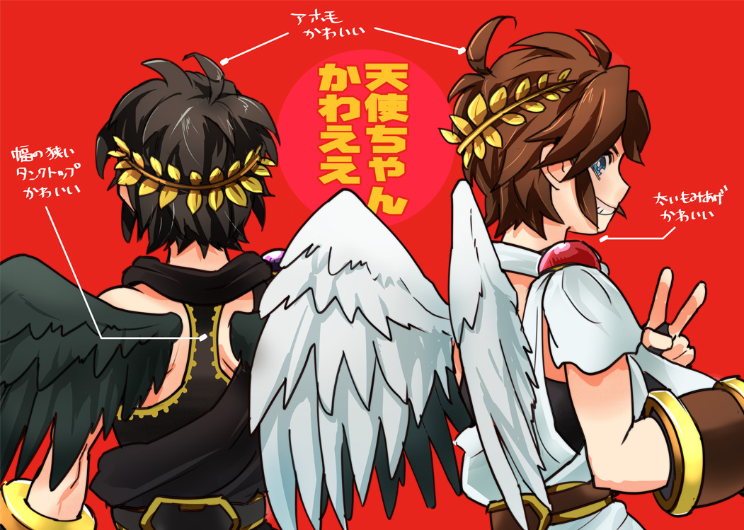 2boys, ahoge, angel, angel_wings, arrow_(symbol), black_hair, blue_eyes, brown_hair