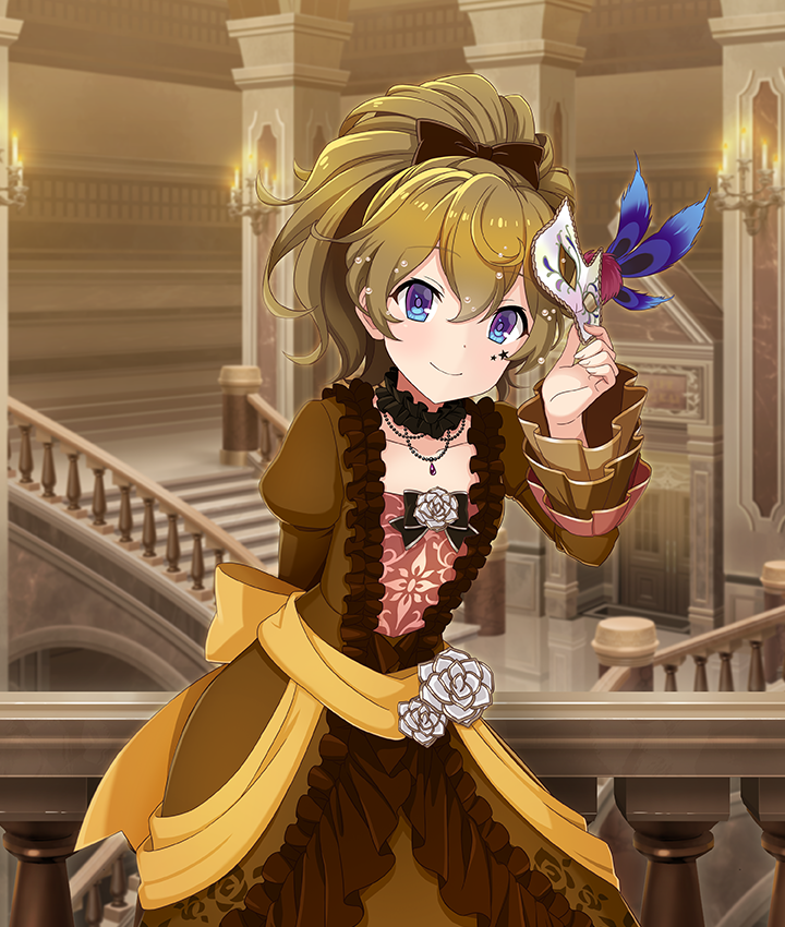 1girl, arm_behind_back, banister, black_bow, black_bowtie, black_garter, blue_eyes, blue_feathers, bow, bow_flower, bowtie, brown_dress, brown_hair, candelabra, candlestand, closed_mouth, collarbone, door, dot_nose, double-parted_bangs, dress, dress_flower, eye_mask, feathers, flower, frilled_garter, game_cg, hair_bow, holding, holding_mask, indoors, jewelry, kagami_mimi_(toji_no_miko), looking_at_viewer, marking_on_cheek, mask, masquerade_mask, neck_garter, necklace, official_art, ponytail, rose, short_hair, sidelocks, smile, solo, stairs, star_(symbol), third-party_source, toji_no_miko, toji_no_miko:_kizamishi_issen_no_tomoshibi, unworn_mask, white_flower, white_mask, white_rose